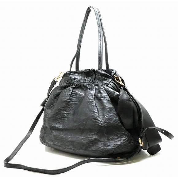Prada Gathered Bag Tote Leather 2WAY Black Nero - Picture 1 of 8
